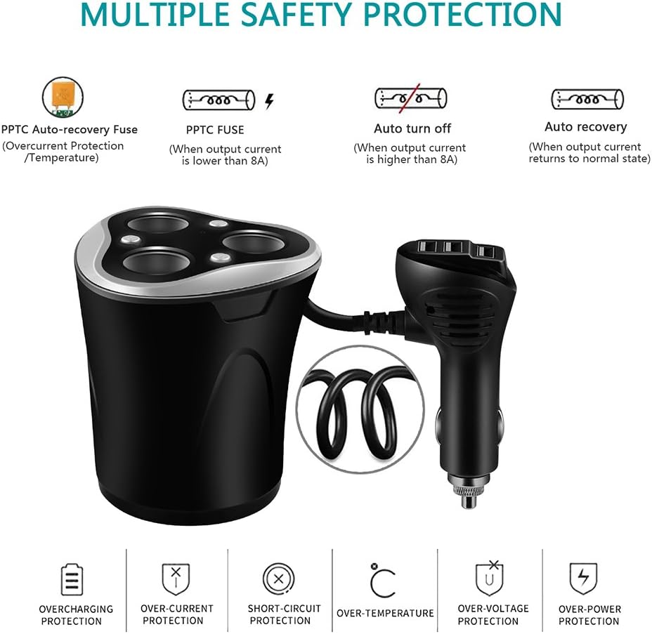 Skyocean 3 Socket Cigarette Lighter Splitter Power Adapter + 3 USB Car Charger 120W 12V/24V DC Outlet with Volt Meter, On/Off Switch for Cell Phone GPS Dash Cam & All Electronic Devices (Black)