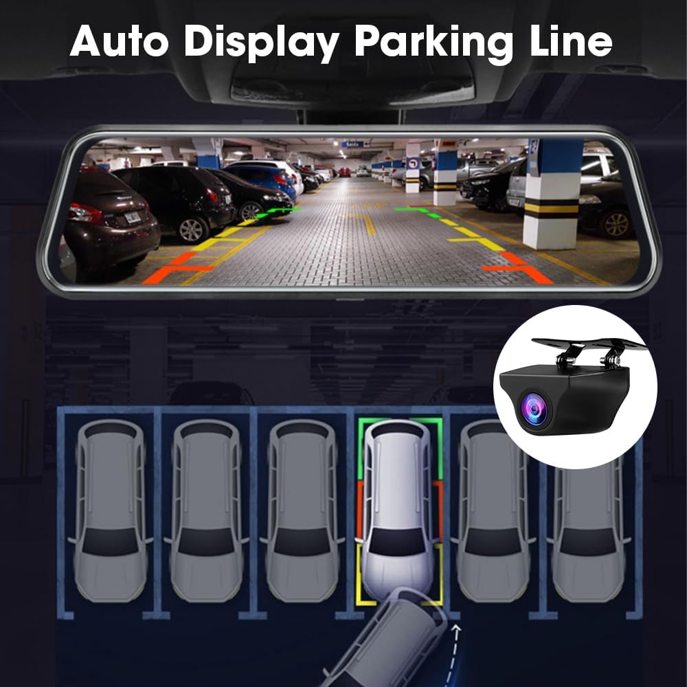Upgraded 10'' Rear View Mirror Camera Mirror Dash Cam Front and Rear 1080P Backup Camera Full Touch Screen w Loop Recording, G-Sensor Night Vision 170° Wide Angle
