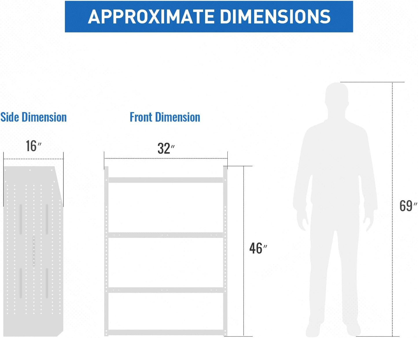 AA Products Model SH-4603-T3 Steel Low/Mid/High Roof Van Shelving Storage System Fits Transit, GM, NV, Promaster and Sprinter, Contoured Shelving Unit, 32" W x 46" H x 16" D