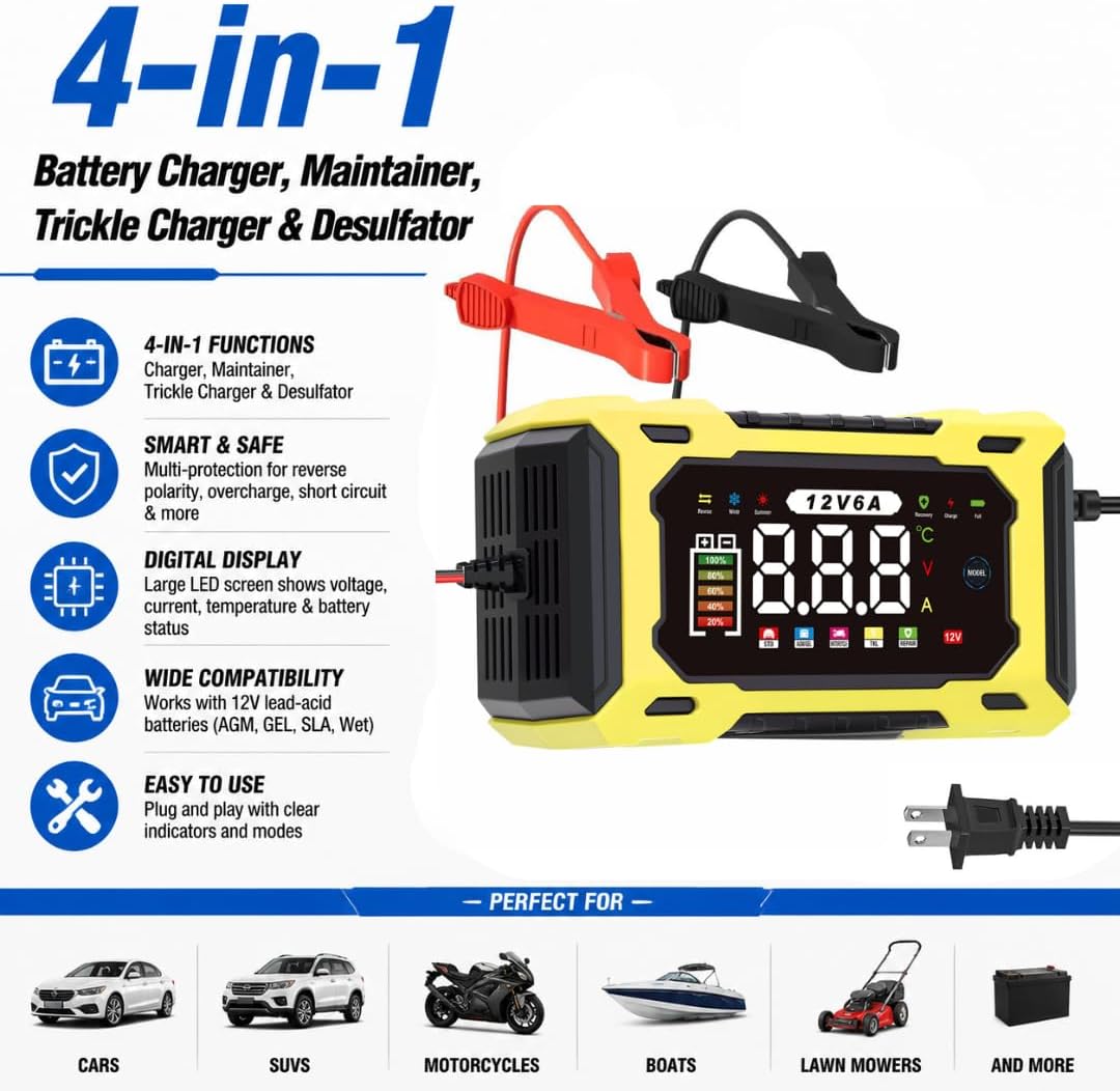 12V 6A Smart Battery Charger Maintainer, Fully Automatic Trickle Charger