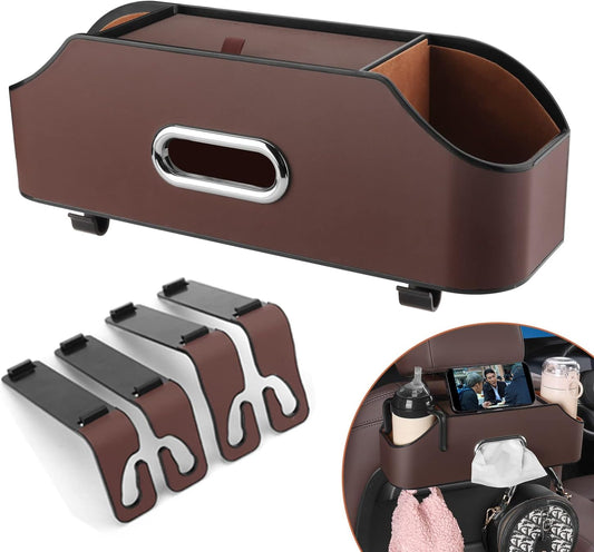 Car Seat Back Organizer - Stylish & Functional Storage for Family Adventures - Cup Holders, Tissue Box & Hooks - Perfect for Kids, Road Trips & Travel (Brown)