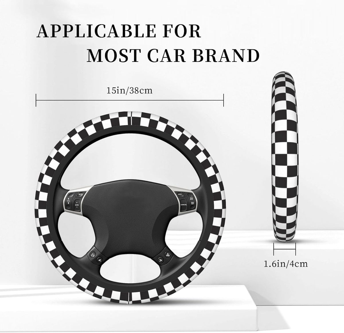 Black and White Checkered Steering Wheel Cover Rubber Anti-Slip 14.5-15 Inch Universal Steering Wheel Cover with 2 Pieces Car Coasters Suitable for Men Women
