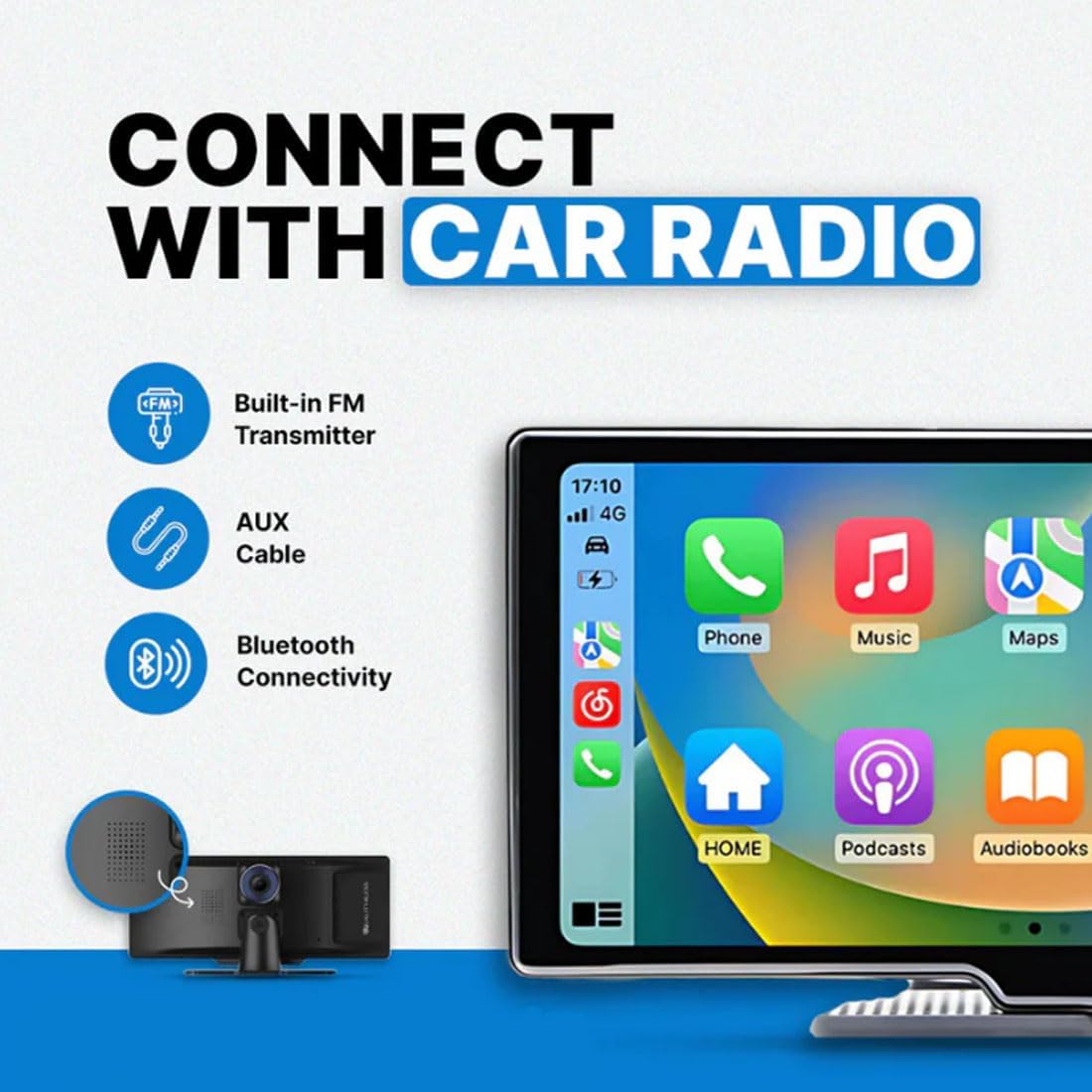 Flexscreen Pro Carplay, Flexscreen Pro (2025 Model), 10.26" HD Portable Carplay & Android Auto Screen, 4K Dash Cam Front and Rear with Voice Control, Mirror Link, Bluetooth, GPS Navigation, AUX/FM