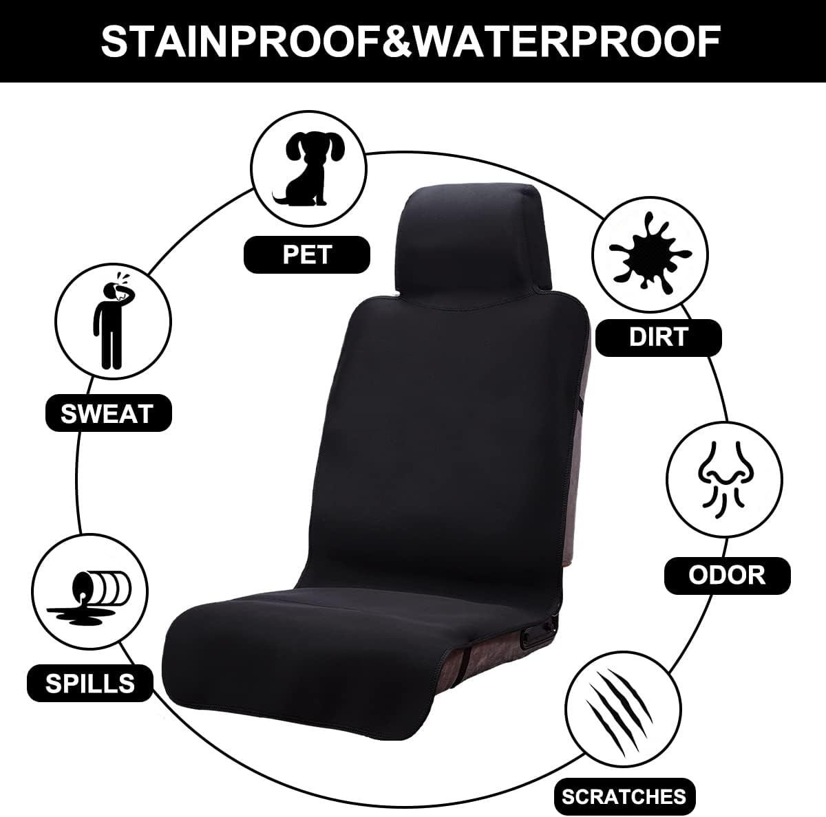 Neoprene Waterproof Car Seat Cover, Black 2pcs, Non-Slip