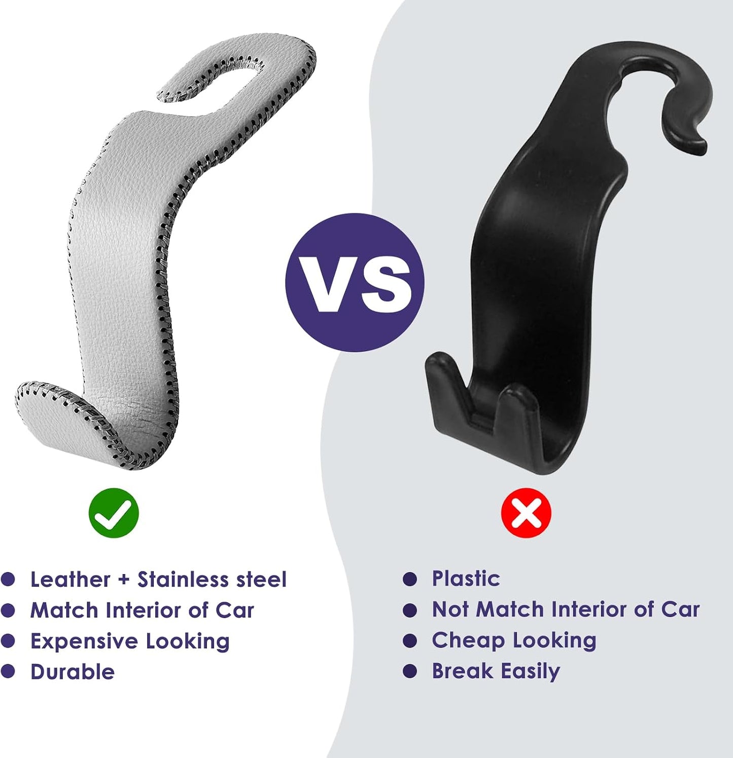 AMVOYOA Leather Car Seat Hooks - U-Shaped Purse Holder for Car, Fully Leather-Wrapped Headrest Hooks for Purses, Bags & Coats, Durable Seat Back Organizer for Travel & Daily Use (Gray, 2 Pack)