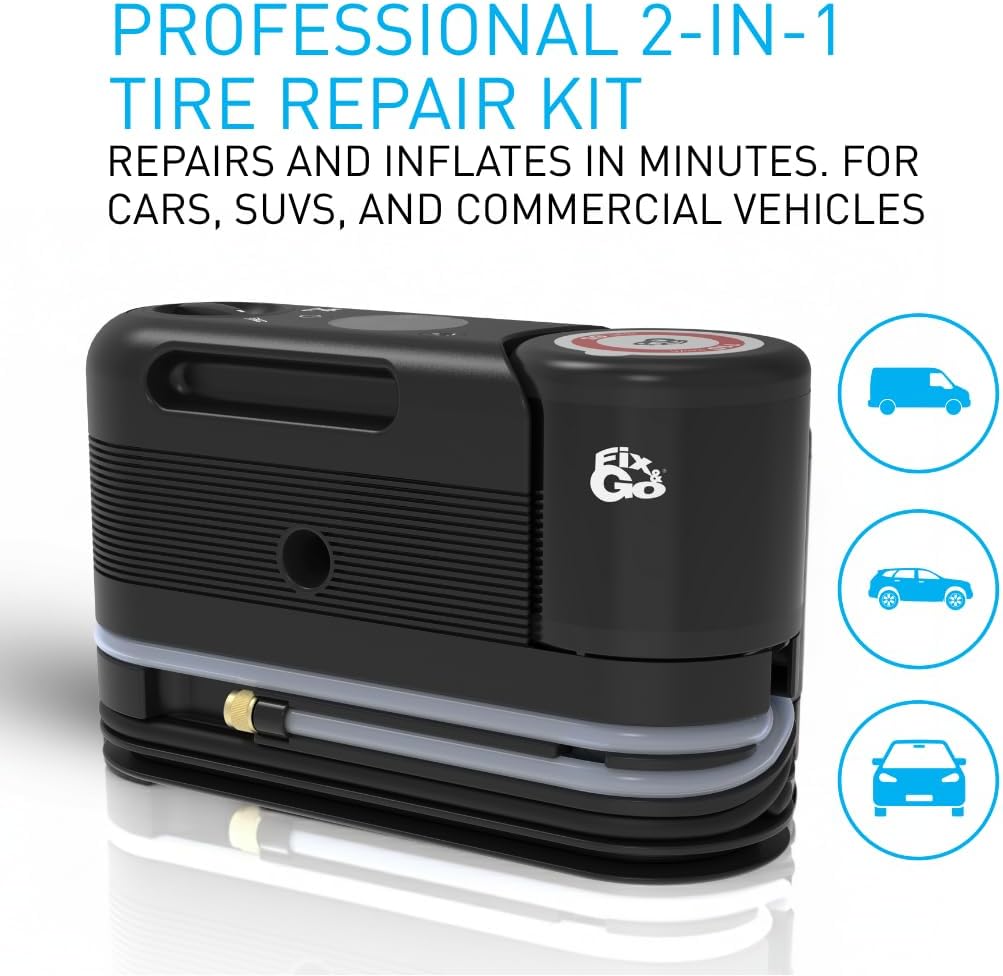 Fix&Go Sensor Tire Repair Kit with 12V Portable Air Compressor – TPMS Safe Eco-Friendly Tire Sealant – Flat Tire Repair kit for Cars, SUVs & Electric Vehicles – Swiss Engineered