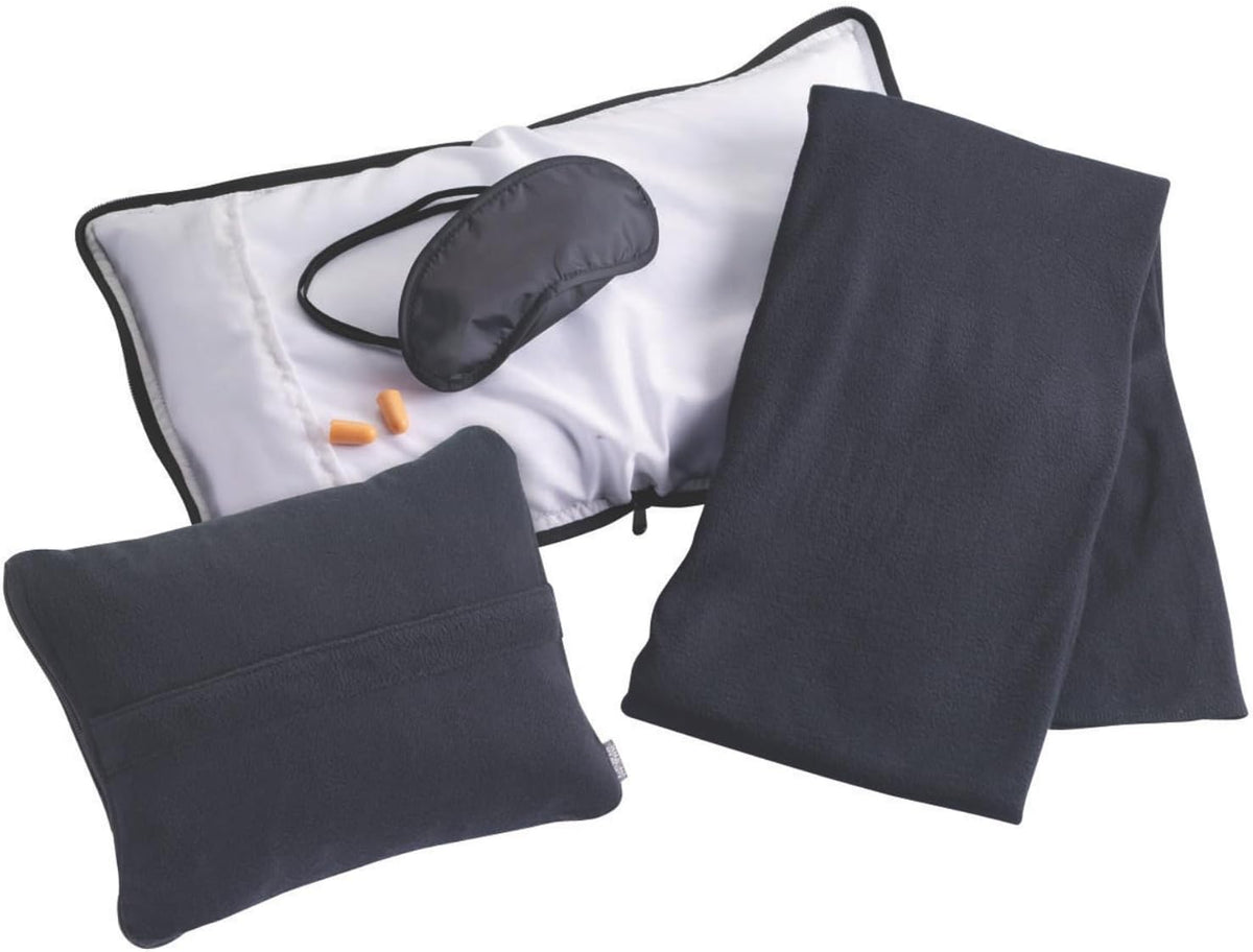 Lewis N. Clark Ultimate Comfort Set + Portable Travel Kit for Airplane, Includes Inflatable Pillow + Zippered Carrying Case, Cozy Fleece Blanket, Eye Mask for Sleeping & Foam Ear Plugs, Navy