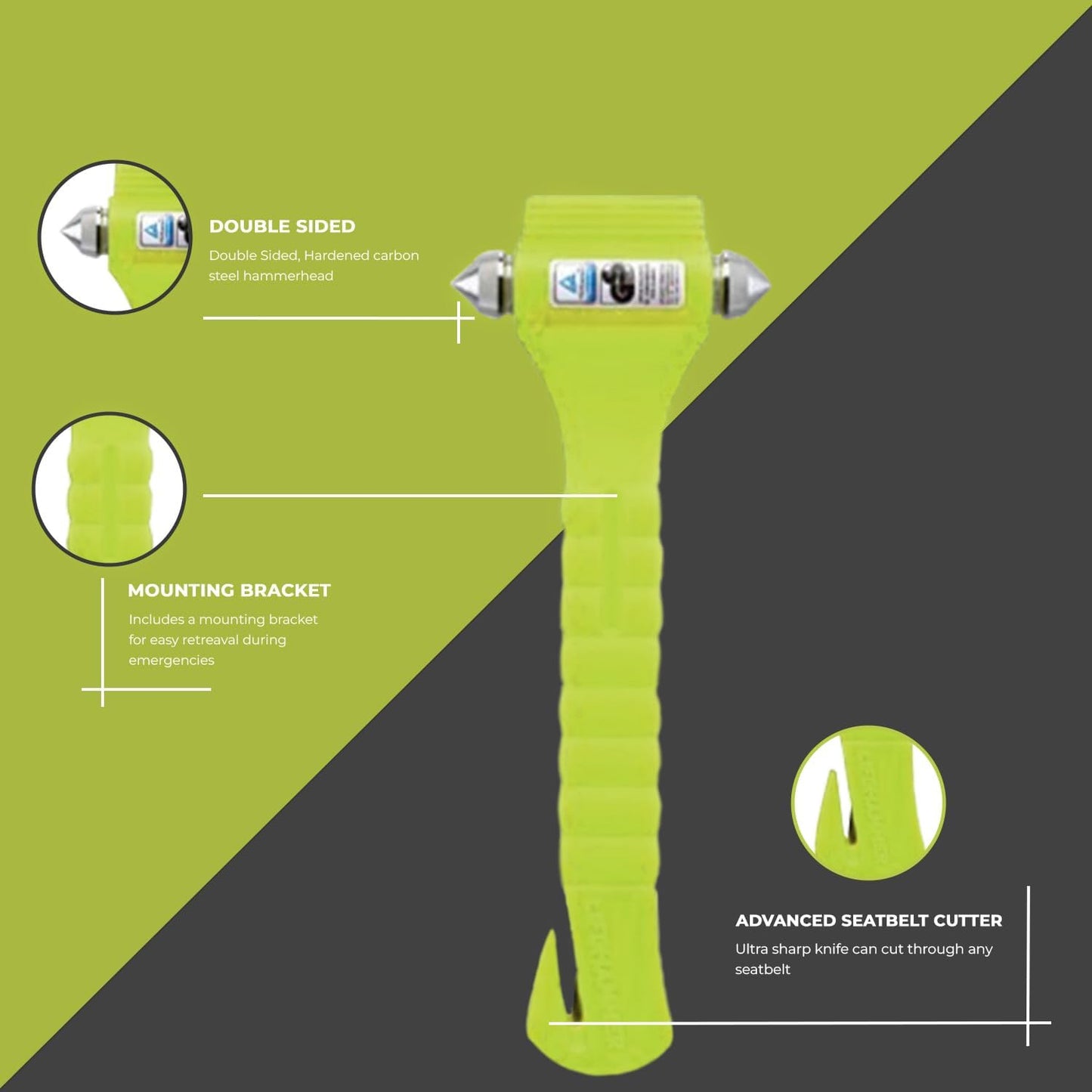 Lifehammer Brand Safety Hammer, the Original Emergency Escape and Rescue Tool with Seatbelt Cutter, Made in the Netherlands, Glow Yellow