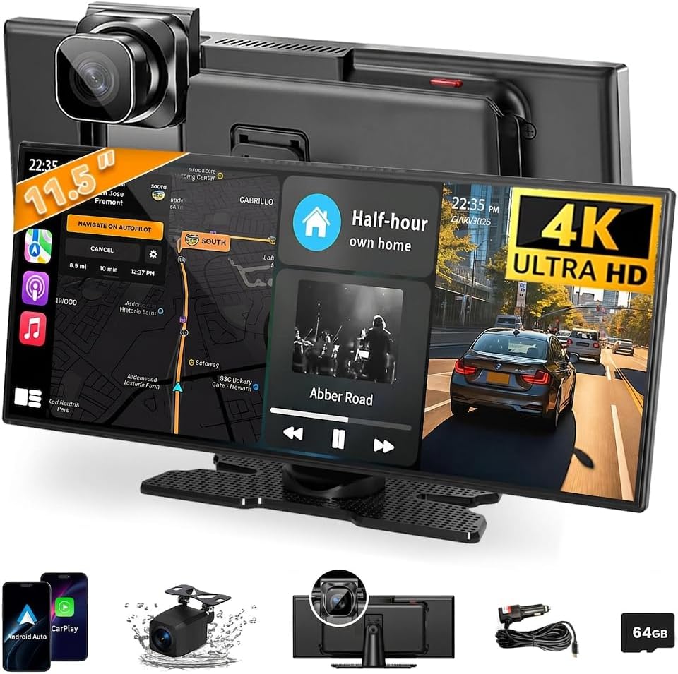 11.5 inch Wireless CarPlay Screen for Car, HD Touchscreen with Wireless CarPlay & Android Auto, 4K Dash Cam, 1080P Backup Camera, Navigation, Bluetooth, Voice Control, FM Transmitter, Mirror Link