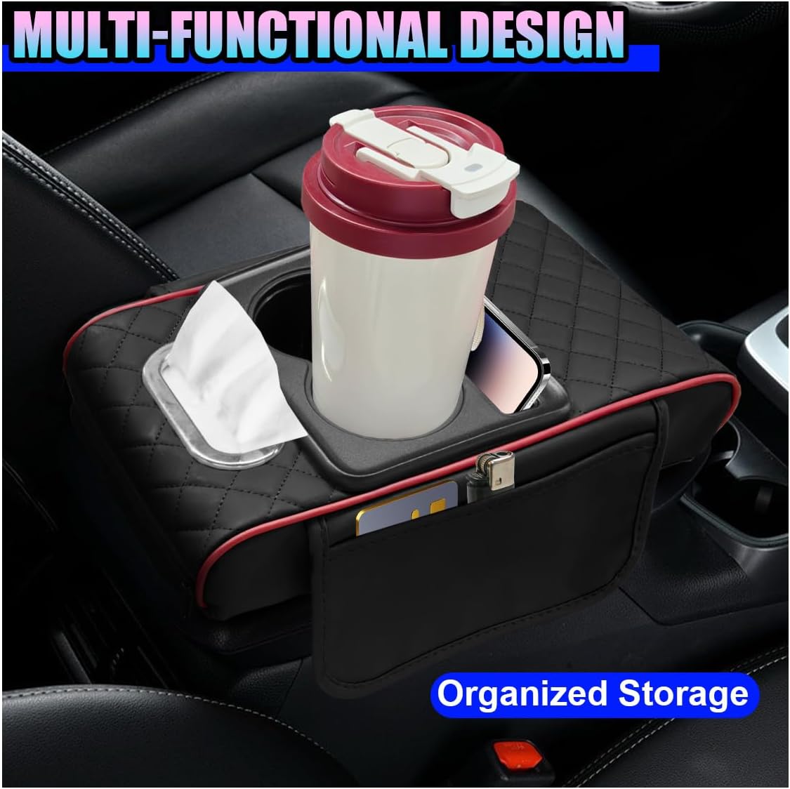 Leather Car Center Console Cover, Armrest Booster Cushion,BlackRed