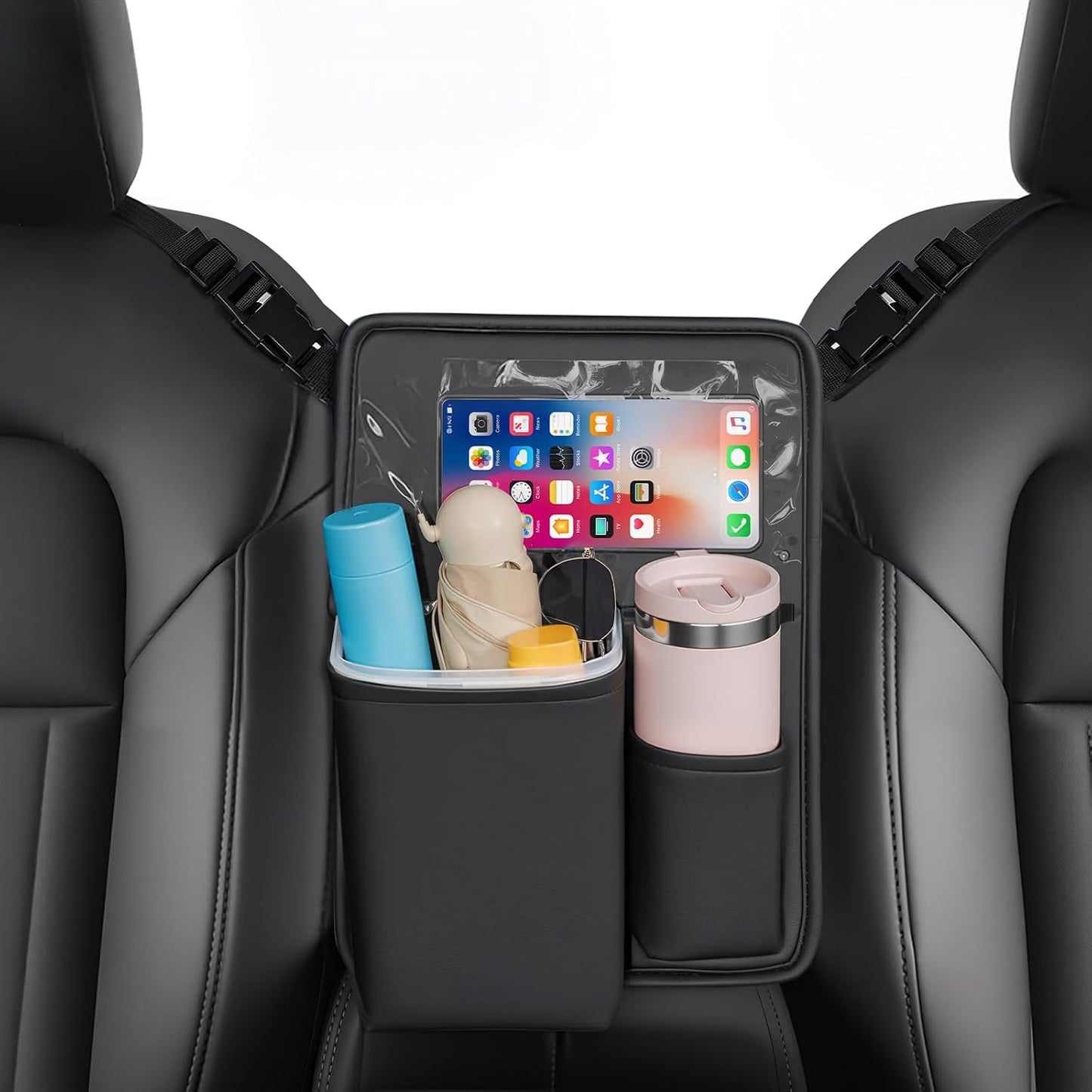 FLORICH Car Organizer Storage Between Seats, Premium Leather Car Mesh Organizer with Waterproof Cup Holder, Car Hanging Storage Bag Pocket Between Seats
