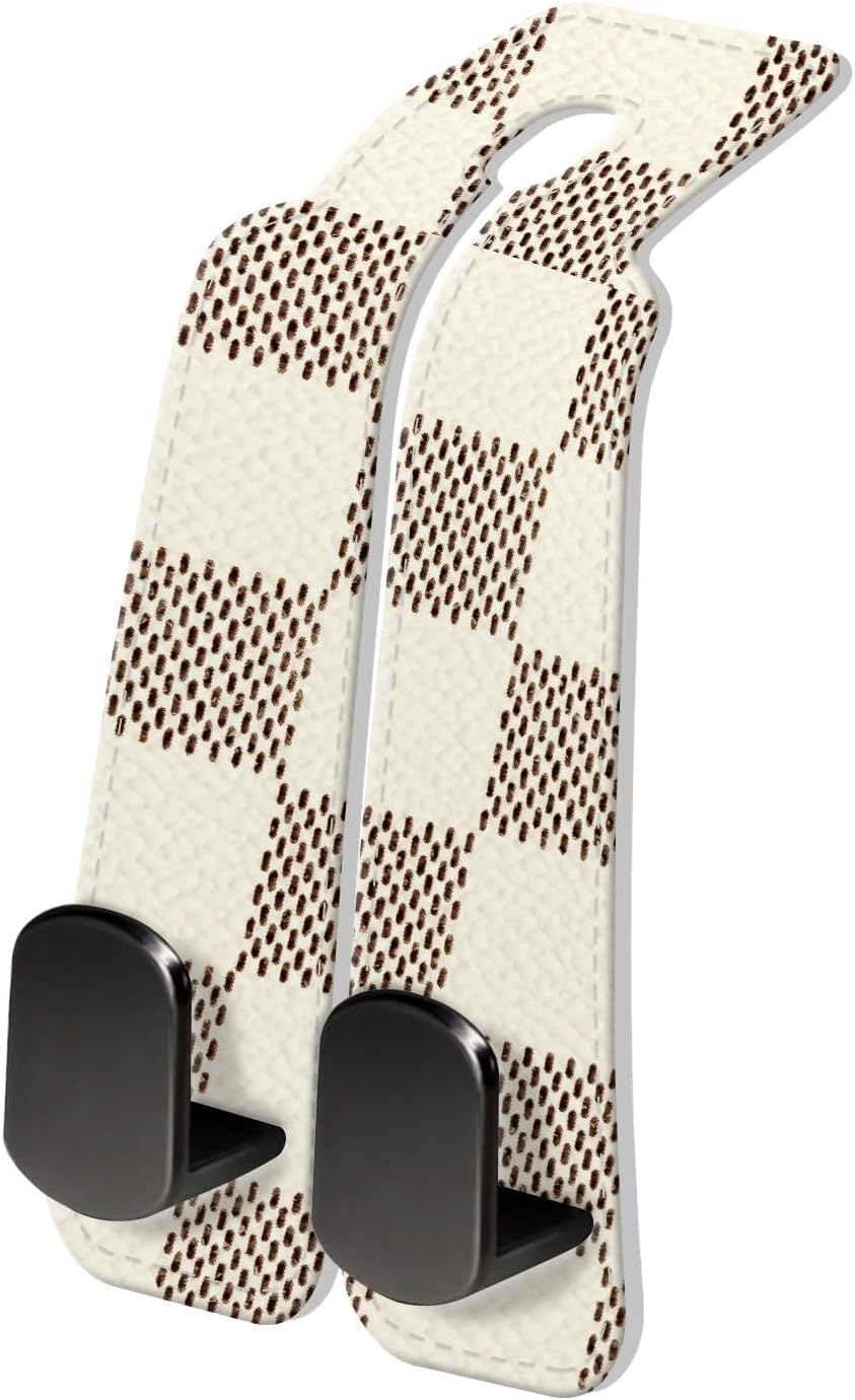 PU Leather Car Seat Hook, Storage Headrest Hanger, Cute Car Backseat Organizer, Car Hooks For Purses and Bags Luxury Checkerboard