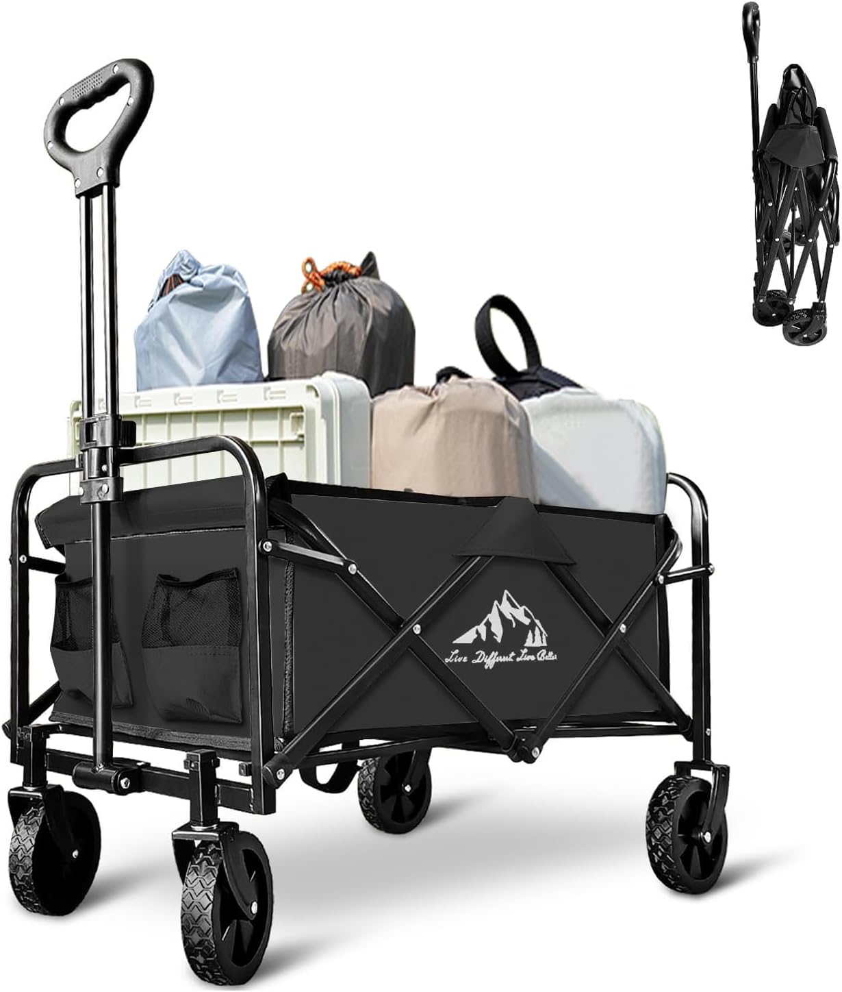Heavy Duty Folding Wagon 320lbs Capacity, Reinforced Steel Frame Utility Cart with All-Terrain Quiet Wheels, Collapsible Outdoor Wagon for Camping, Gardening & Sports, Black