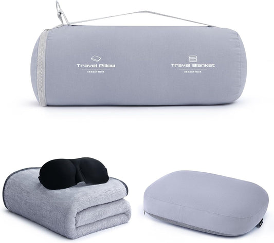 urnexttour 4-in-1 Travel Pillow & Blanket Set with Eye Mask, Memory Foam Neck Support, 50x65 Inch Blanket, Storage Bag for Airplane, Car, Train, Home Travel Grey