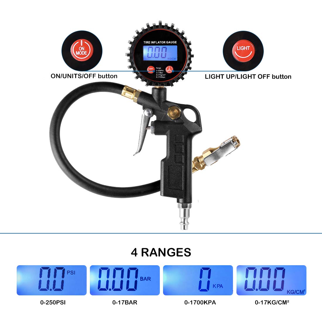 CZC AUTO Digital Tire Inflator Pressure Gauge, LED Display-250PSI, 4 Ranges