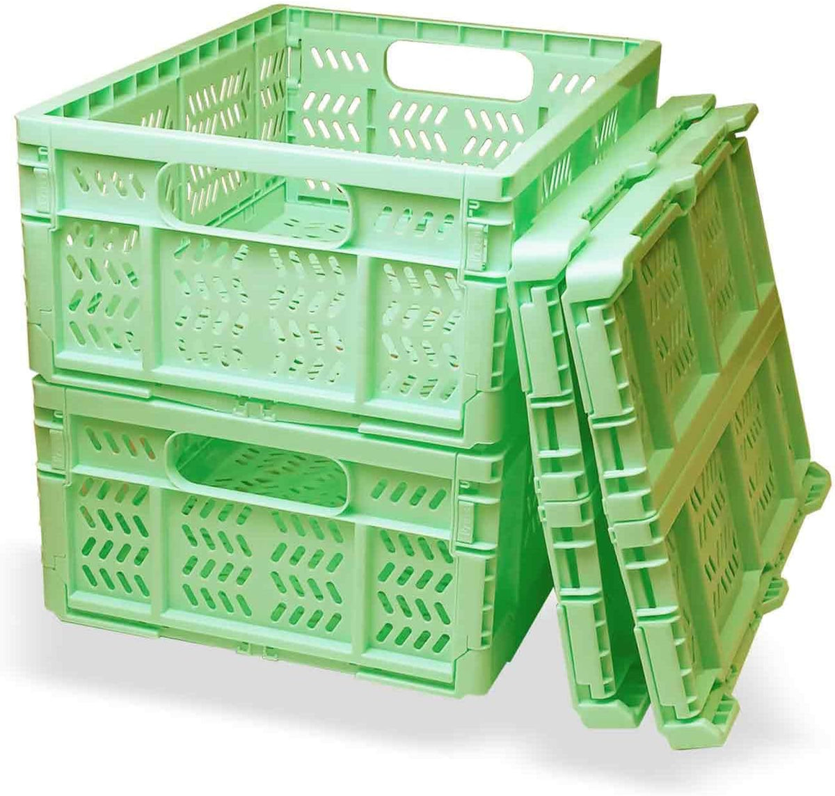 20L Folding Crate, 4Pack Plastic Storage Baskets Organizer for Home and Office,Collapsible Storage Crates for Home Office and Outdoor Organizer. (Green)