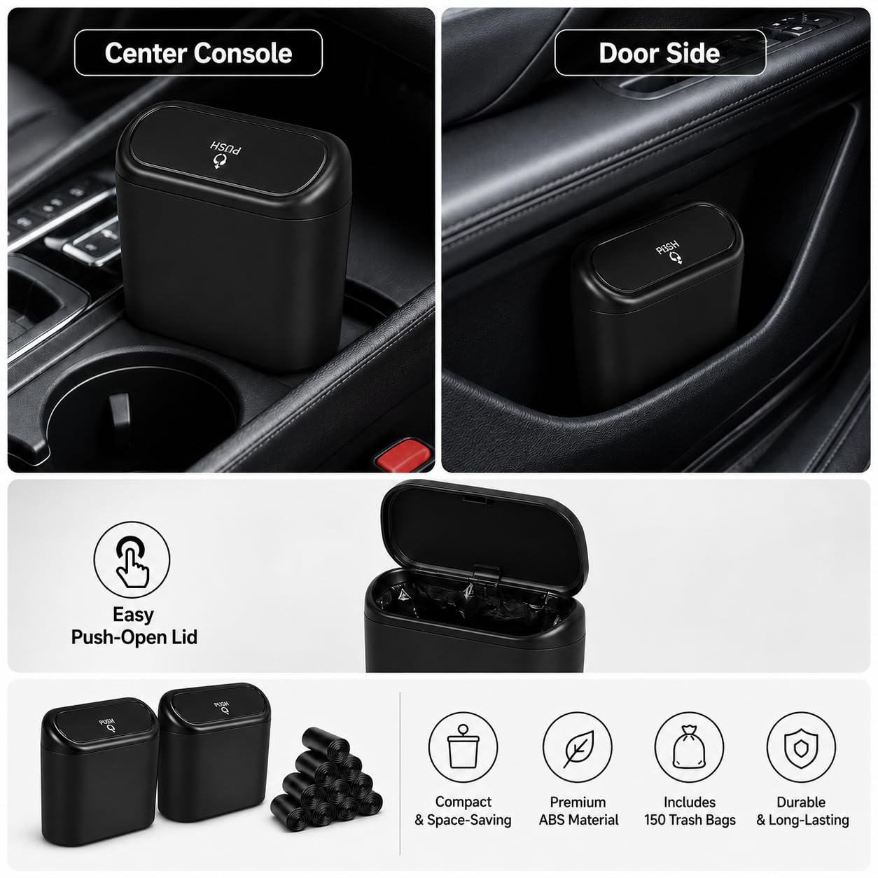 Mini Car Trash Can – Leakproof Vehicle Garbage Bin, 2-Pack with 150 Trash Bags, Portable Hanging Car Organizer for SUV & Sedan