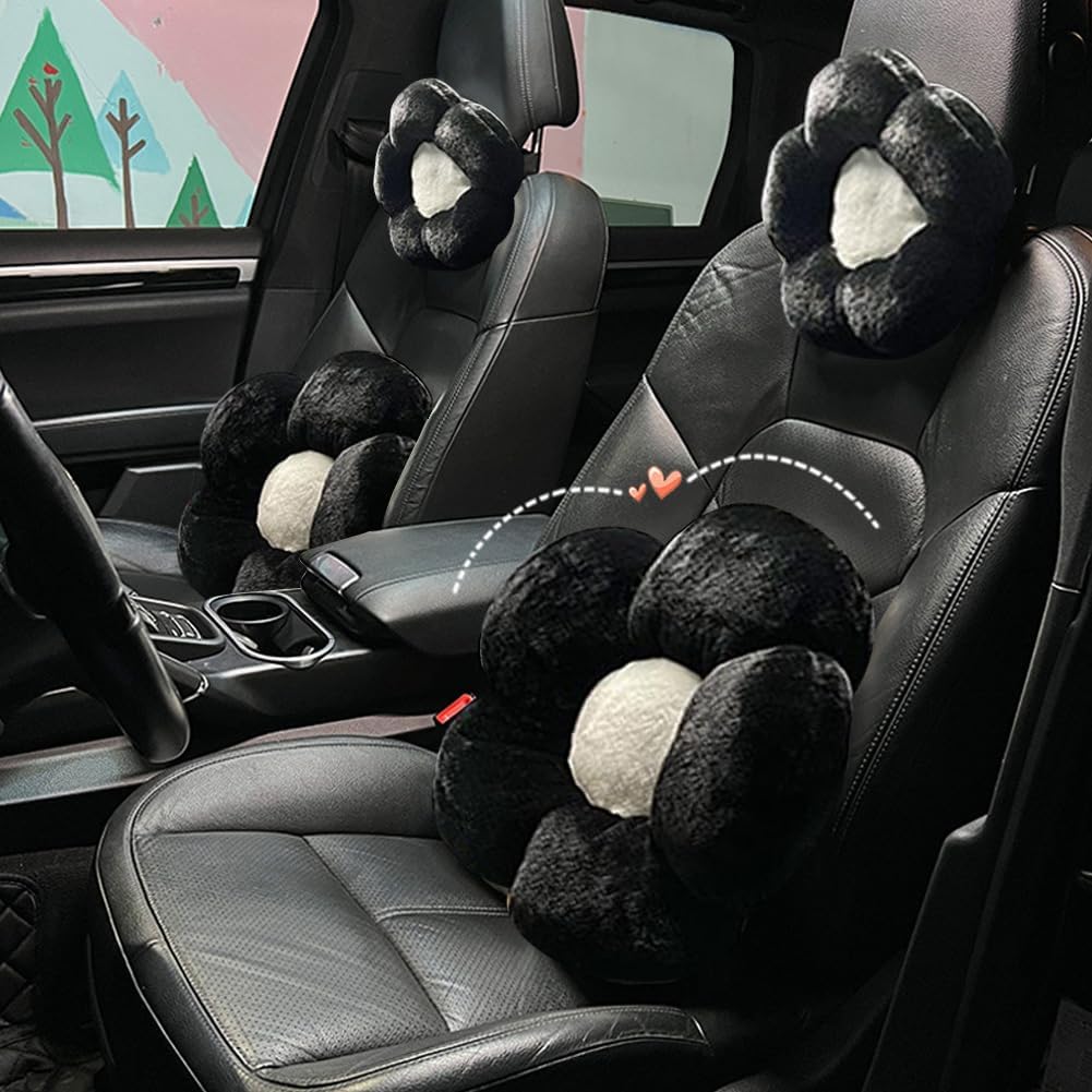 4 Pack Plush Flower Car Headrest Pillow and Lumbar Support Pillow Soft Comfortable Car Headrest Pillow Cute Car Accessories for Car Driving Cute Neck Pillows for Driving Car Decor