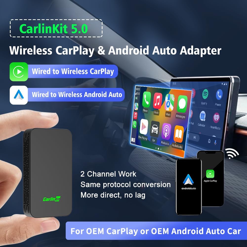 Carlinkit 5.0 Android Auto & Wireless CarPlay Adapter,Plug & Plug, Two Channel Connection, Online Update,for Cars with OEM Android Auto & Wired CarPlay (2016-2026), 10s Auto-Connect