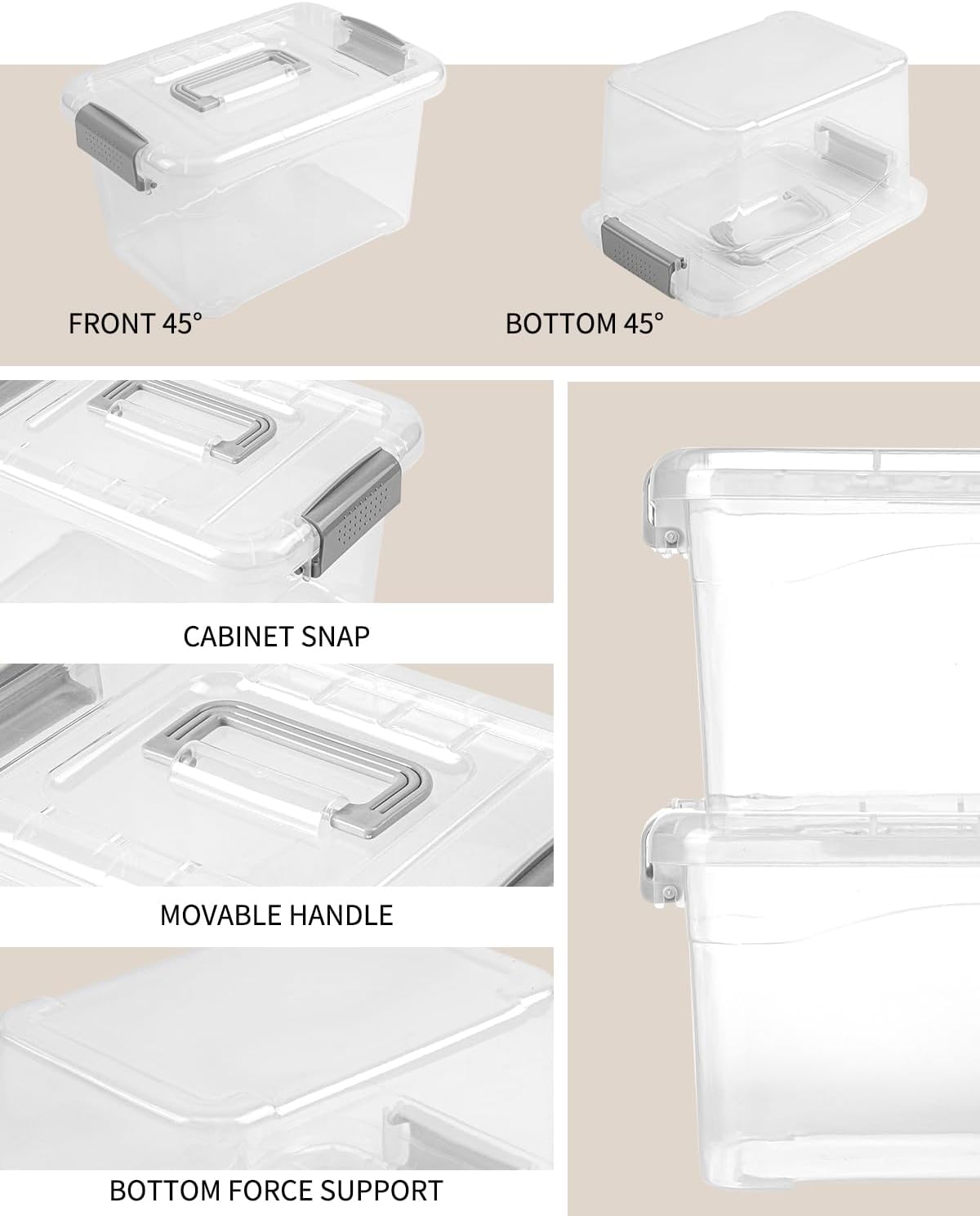 EOENVIVS Plastic Storage Bins 7 Quart-Storage Organizer Bins with Grey Buckle Lids, Stackable Storage Bins with Lids for Home Office Kids Room Closet School Art Supplies Organization,6 Packs, Clear