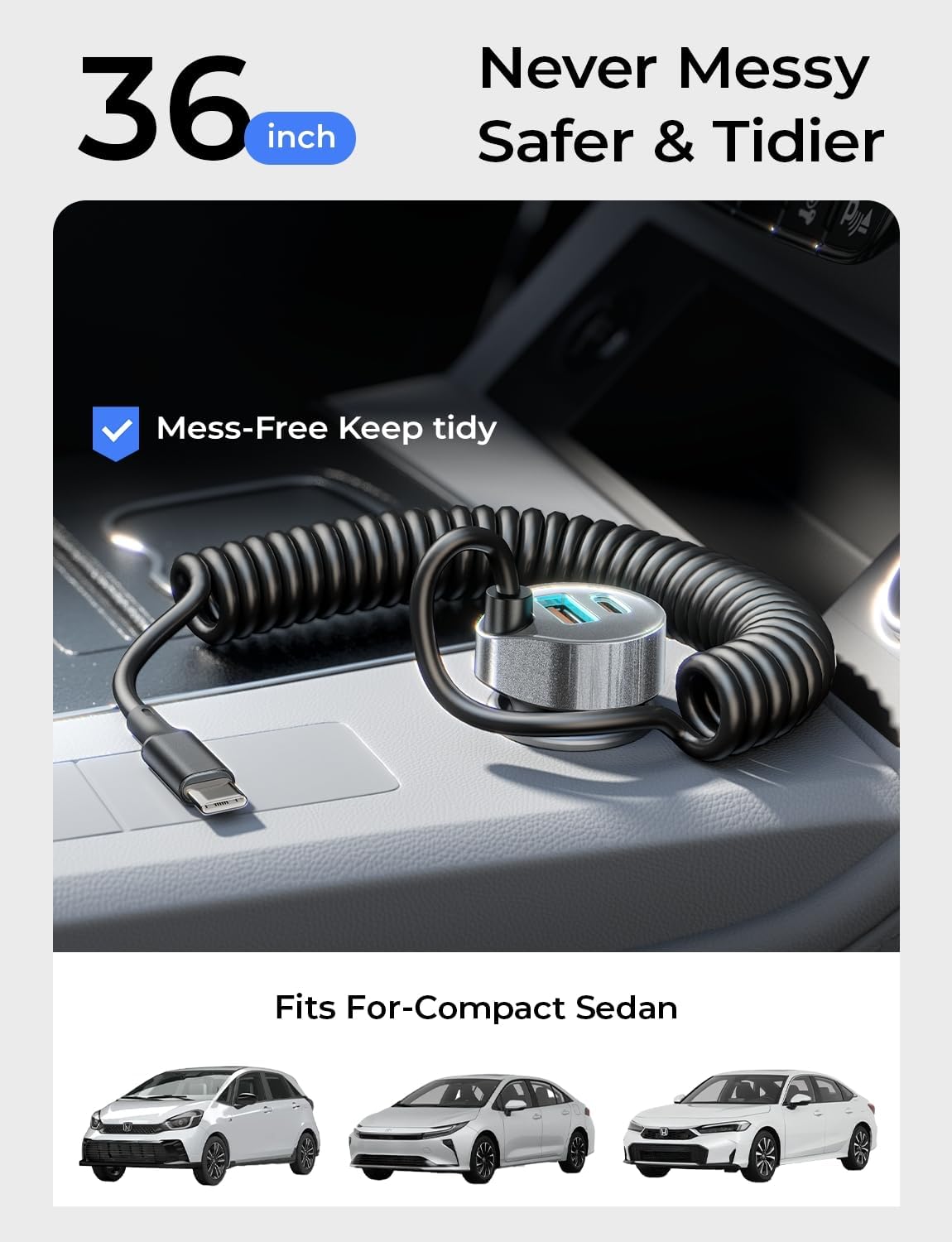 LISEN 65W for iPhone 17 Pro Max Car Charger USB C Fast Charging,Super Fast iPhone 16/17 Pro Car Charger Type C Adapter Fit iPhone 17 Air ProMax Plus/16/15, Samsung Galaxy S25/24,Sliver, 36 inch