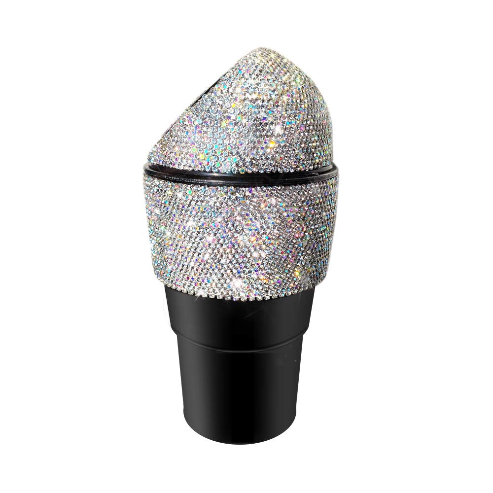 Bling Rhinestone Auto Garbage Can Car Trash Can with Lid Mini Garbage Bin for Automotive Car, Home, Office, Kitchen, Bedroom (White)