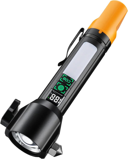 Car Window Breaker Seatbelt Cutter with LED Flashlight, Rechargeable Emergency Hammer, Glass Breaker Tool, Strobe SOS Beacon, USB-C Charging