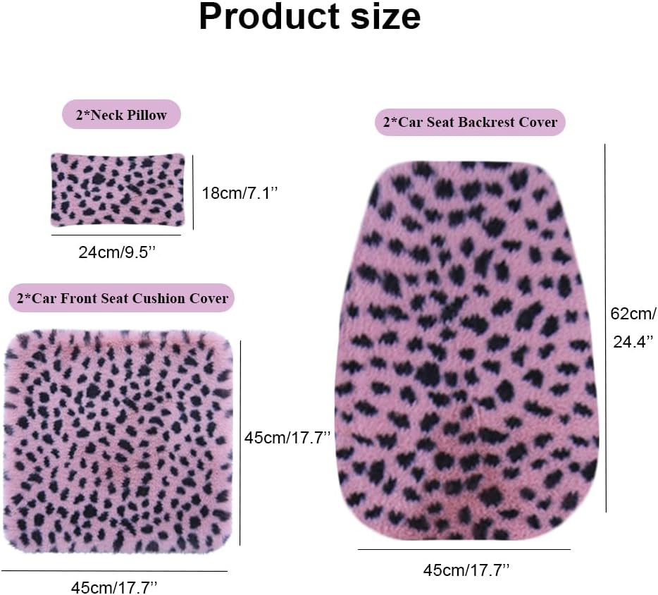 6PC Plush Leopard Car Front Seat Cover for Women, Non-Slip Automotive Seat Covers with 2 Neck Pillows, Universal Fit for Car Truck SUV Interior Cover, Fluffy Car Seat Cushion, Purple