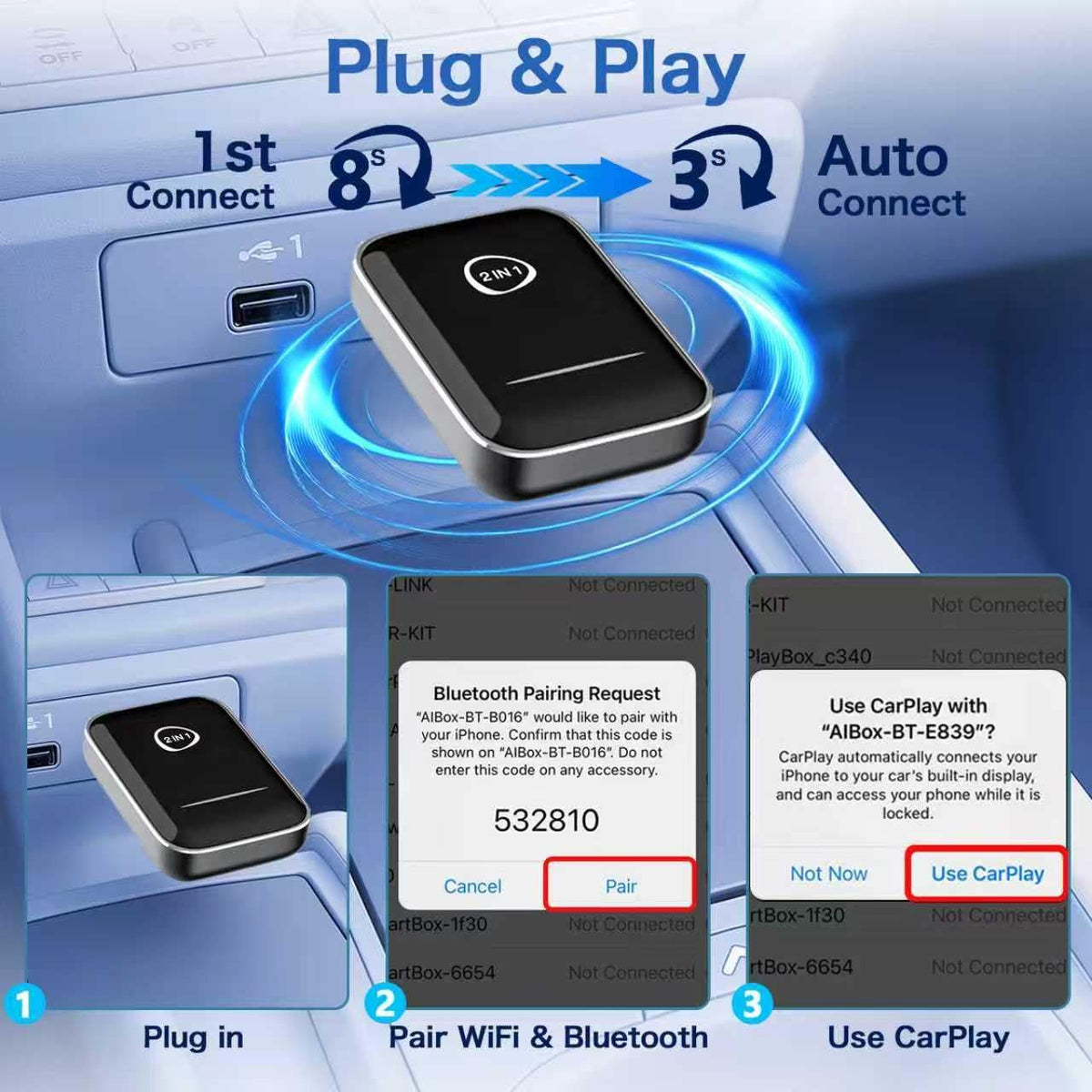 Wireless CarPlay & Android Auto Adapter, Plug & Play | 5GHz/2.4GHz Dual-Band WiFi, Auto-Connect, Low Latency, Compatible with iPhone iOS 10+ and Android 11+