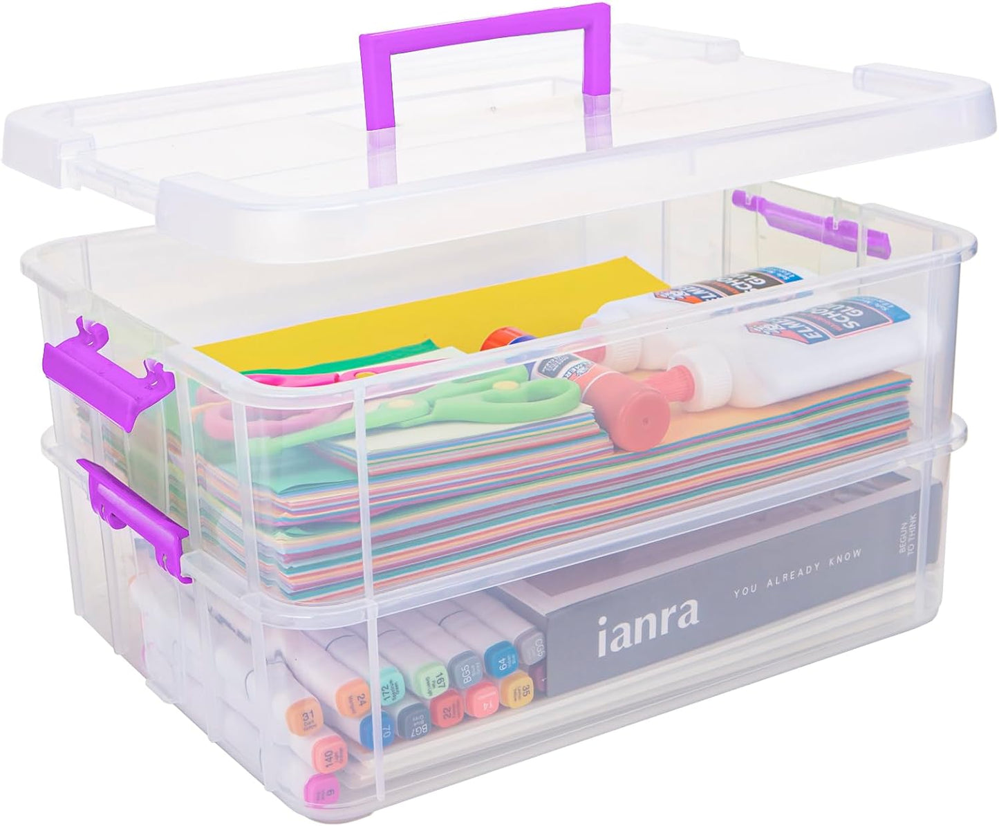 TERGOO 2 Layer Plastic Storage Containers with Lids, Multipurpose Clear Stack & Carry Box, Portable Craft Organizers and Storage Bin for Organizing Art & Craft, Sewing, Makeup, Nail Supplies (Black)