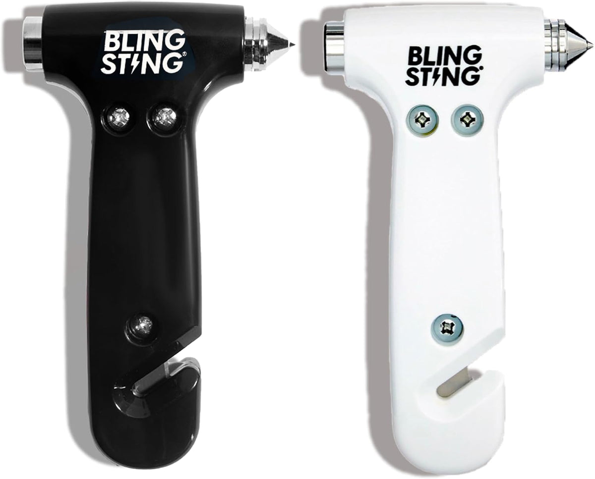 BLINGSTING Safety Hammer - Emergency Automotive Escape Tool with Window Breaker, Seat Belt Cutter & Adjustable Car Visor Strap - Tempered Glass Breaker - Steel Blade - White (1 Count)