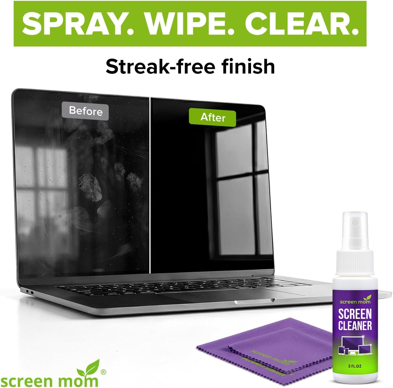 Screen Cleaner Spray and 2 Microfiber Cloths - 2oz Bottle by Screen Mom-Screen Cleaner Spray and Wipe for TV, Computer, Phone, iPad, Car Screen Cleaning Kit Electronic Cleaner Spray