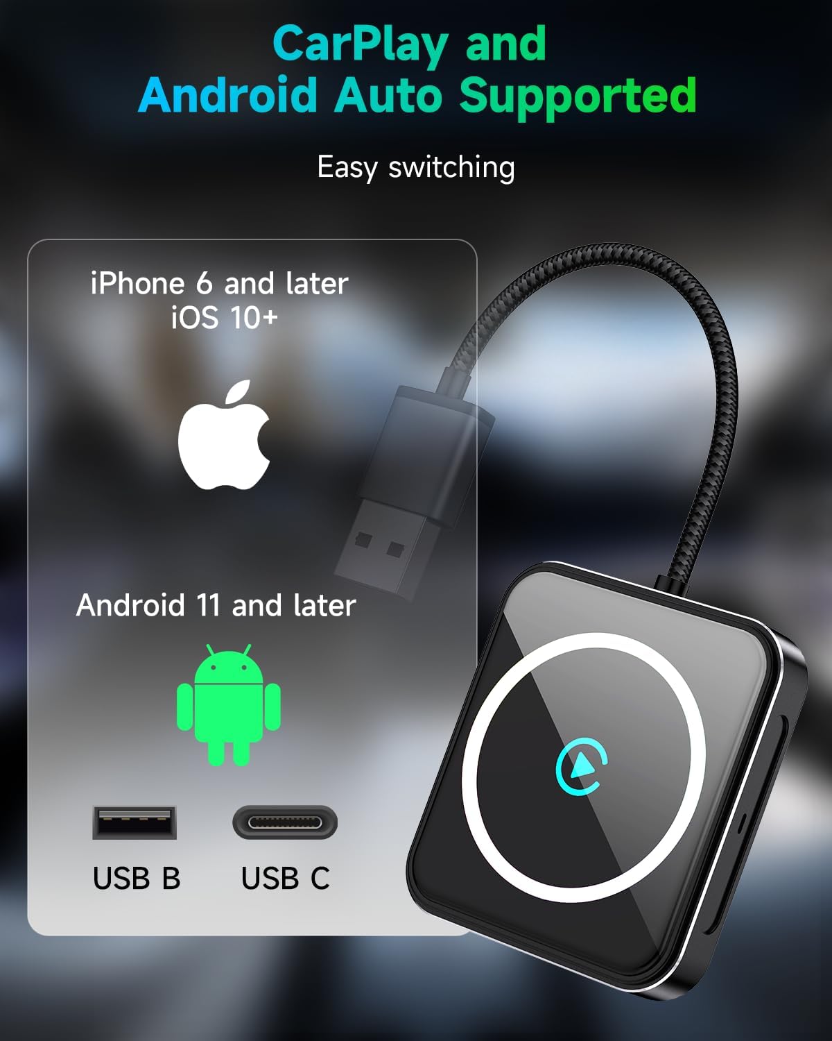 Wireless CarPlay and Android Auto Adapter, USB-A/C, 2-in-1 Compact Auto Kit