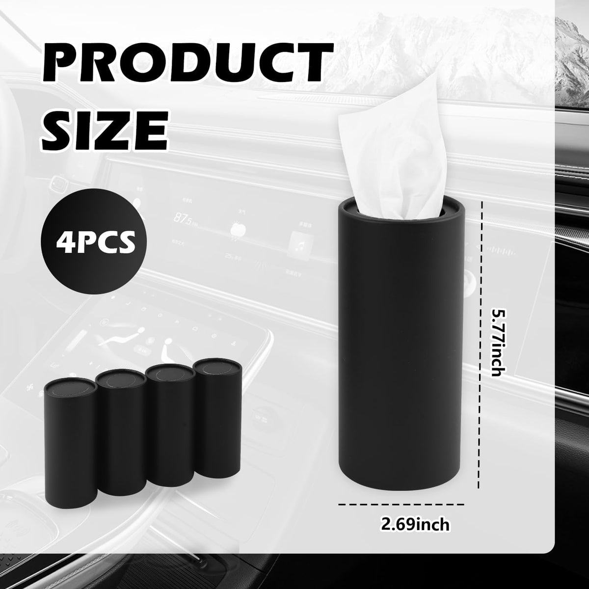 4PCS Pull Out Cars Tissue Holder,Refillable Car Tissues Cylinder with 30-Count Per Box,Multifunctional Car Tissue Box for Cars as Automotive Garbage Cans/Pen Holders (Black)