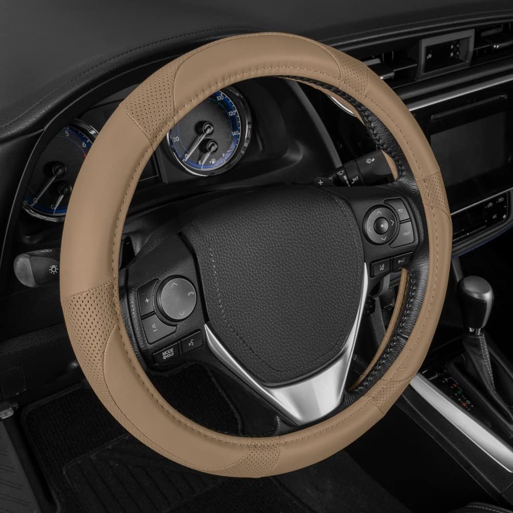 Motor Trend Perforated Microfiber Leather Steering Wheel Cover for Cars Trucks SUVs Vans, Sporty Racing Improved Grip Anti-Fatigue Ergonomic Design, Airbag Compatible - Fits Standard 15" Inch - Beige
