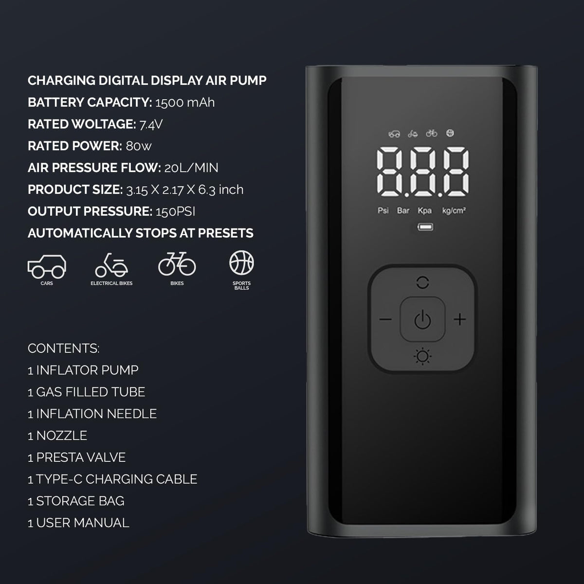 iJoy Tire Inflator Portable Air Compressor | Cordless Air Pump for Car Tires, Bikes, Balls and More | Up to 150 PSI Tire Pump With LED DIsplay, Auto Shutoff, Emergency Flashlight and More