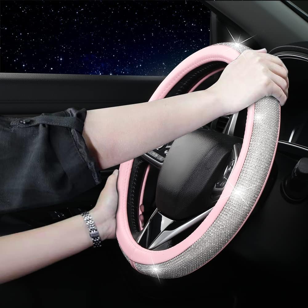 Bling Rhinestone Steering Wheel Cover, Pink Leather Anti-Slip Breathable, Universal Fit 14.5-15 Inch for Women