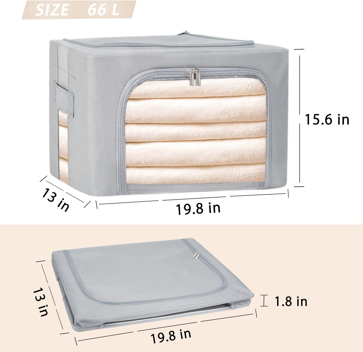 Clothes Storage Box Bins Stackable Foldable Organizer,Sturdy Handles with Metal Frame for Clothing Bedding Shelves,Closet Container with Clear Window Zipper and Label Holder (Gray, 66L x3 Pack)