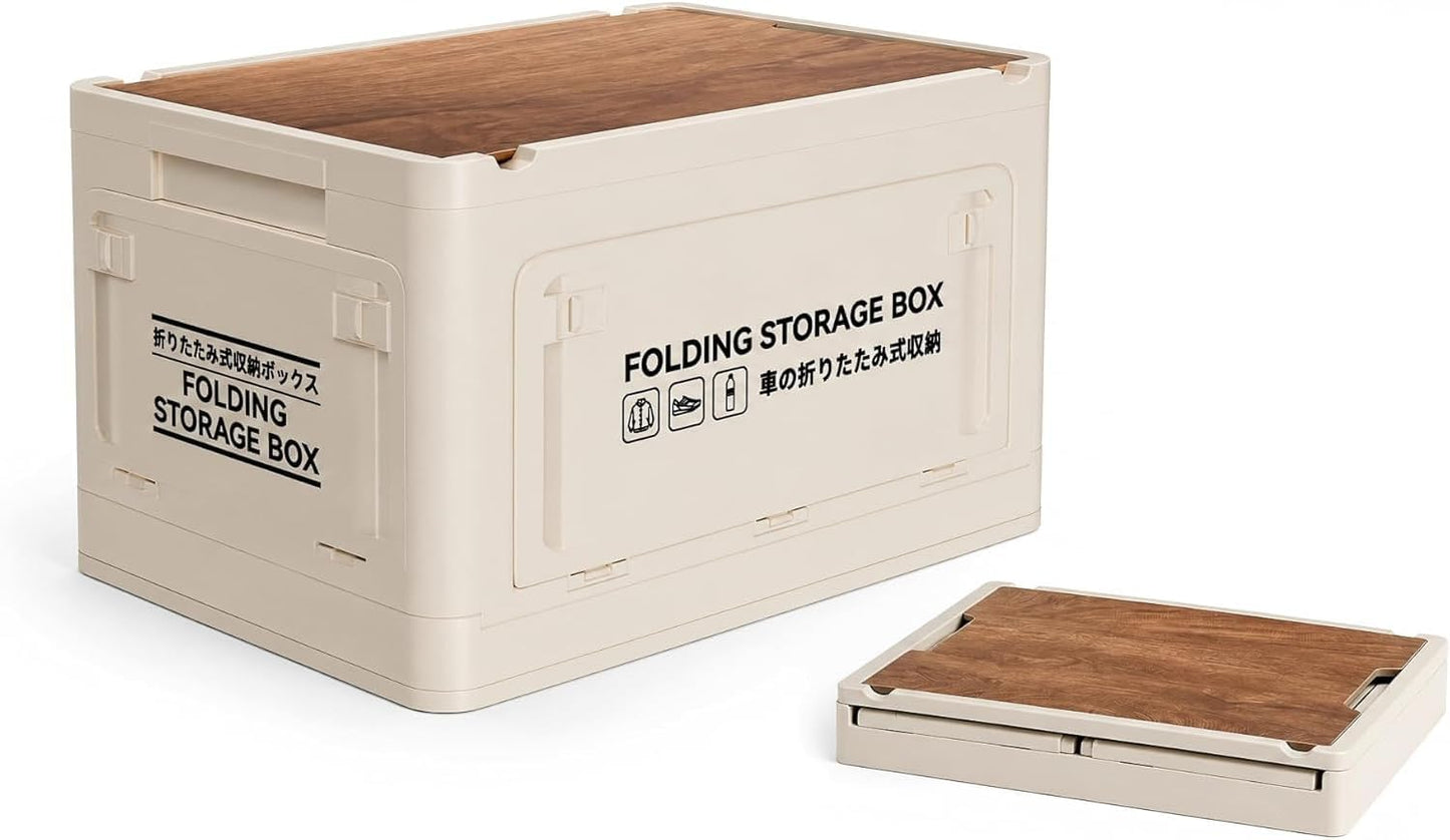 24L Collapsible Storage Bins with Wood-Look Lids, Stackable Utility Storage Containers with Wheels and Handles, Large Folding Storage Boxes for Organizing Tools, Snacks, Books, Drinks, Camping