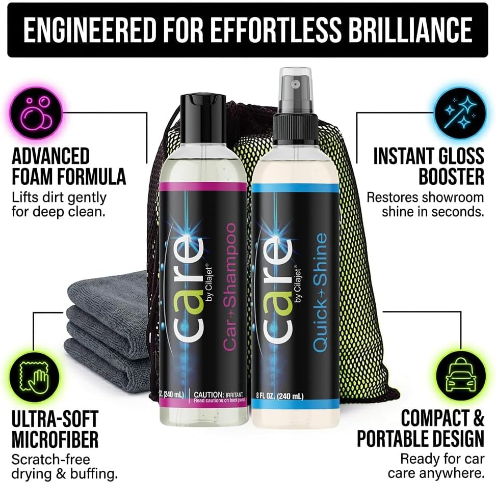 Travel Kit, Automotive Car Accessories and Cleaning Supplies, 4-Piece Set with Car Shampoo and Quick-Shine Polish, and 2 Microfiber Towels