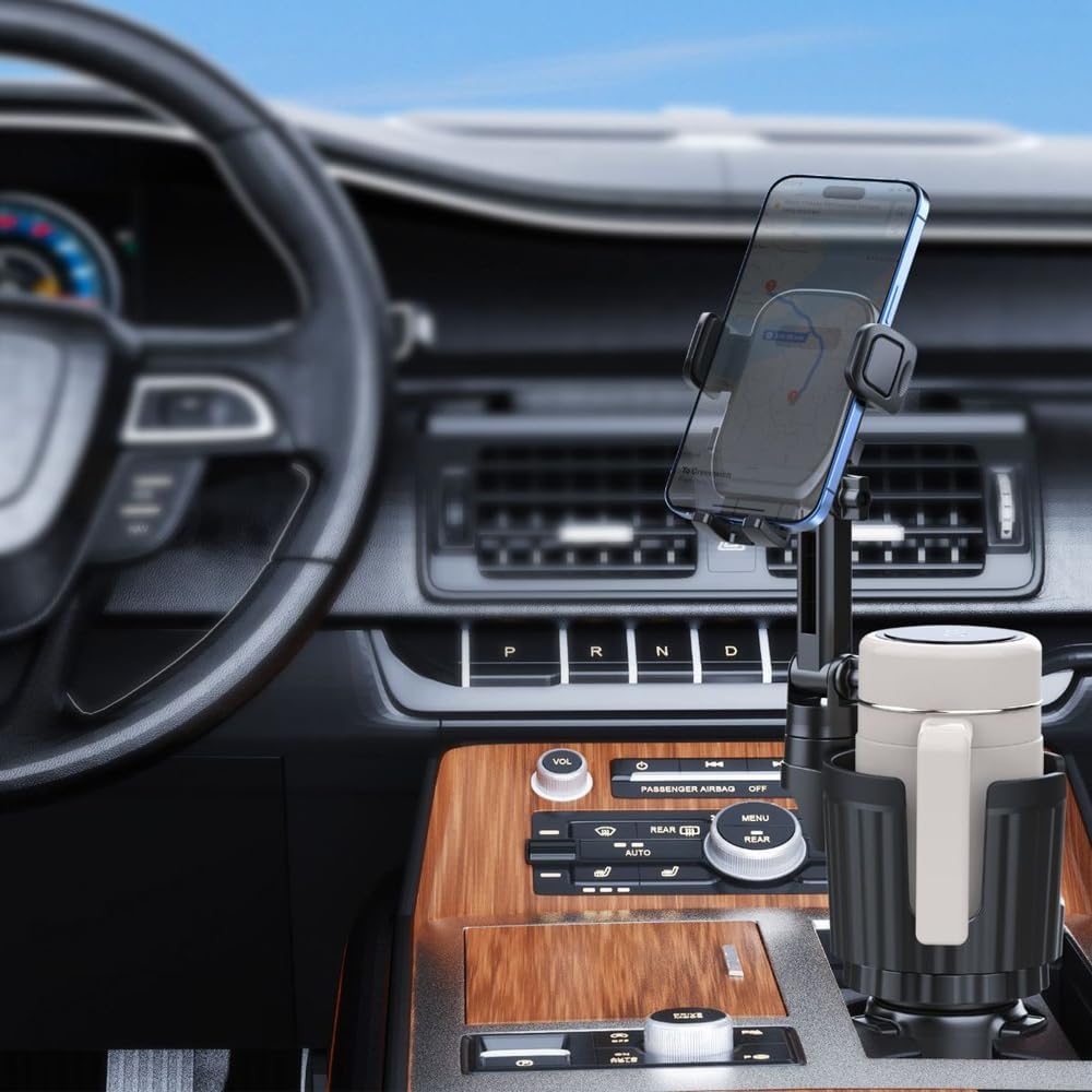 Cup Holder Phone Mount for Car, 2 in 1 Cell P Car Mount 360 Rotation Cup Holder Expander for Stanley 10-40oz Drink Bottles, Mugs and Phone Compatible with iPhone Samsung
