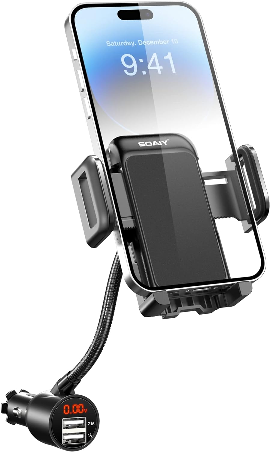 3-in-1 Cigarette Lighter Car Mount + Voltage Detector (Not for Center Console & Window), Dual USB 3.1A Charger with Adjust Gooseneck & 360° Rotating Car Mount Cradle for 1.7-3.7inch Width Phones