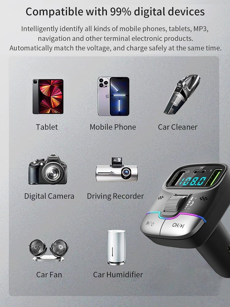 Bluetooth 5.3 FM Transmitter Car Adapter, Wireless Radio Music Adapter LED Display Hands-Free Calling Support USB Drive, PD & QC3.0 USB Charger