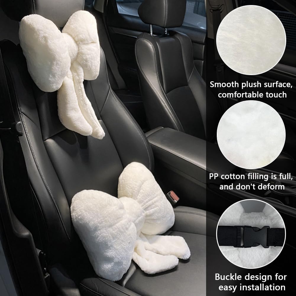 LYFJMUS 4 Pack Plush Bow Car Headrest Pillow and Lumbar Support Pillow Soft Butterfly Car Neck Pillows for Driving Cars Decor (Black)