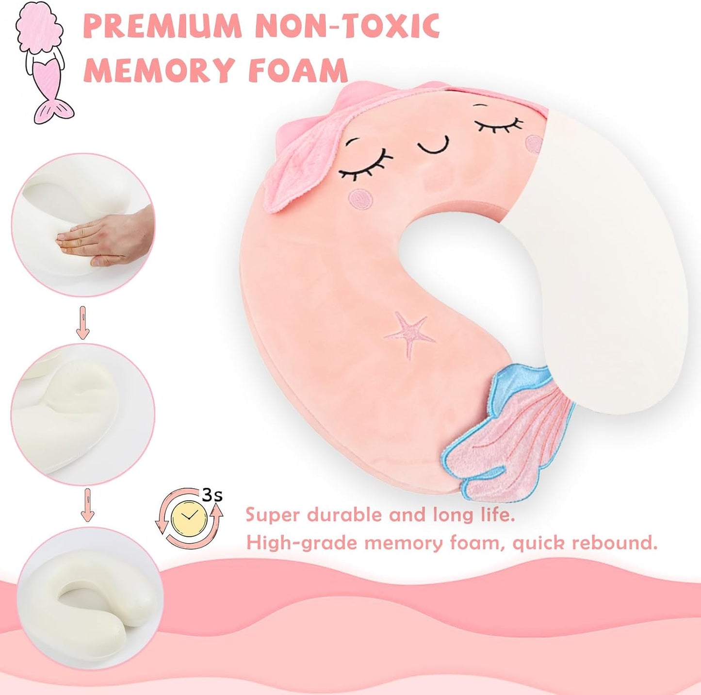 Travel Pillow, Travel Accessories for Car Airplane Traveling, Soft Memory Foam Kids Travel Pillow with Sleep Eye Mask Kids Neck Pillow for Boys & Girls - Cute Pink Mermaid