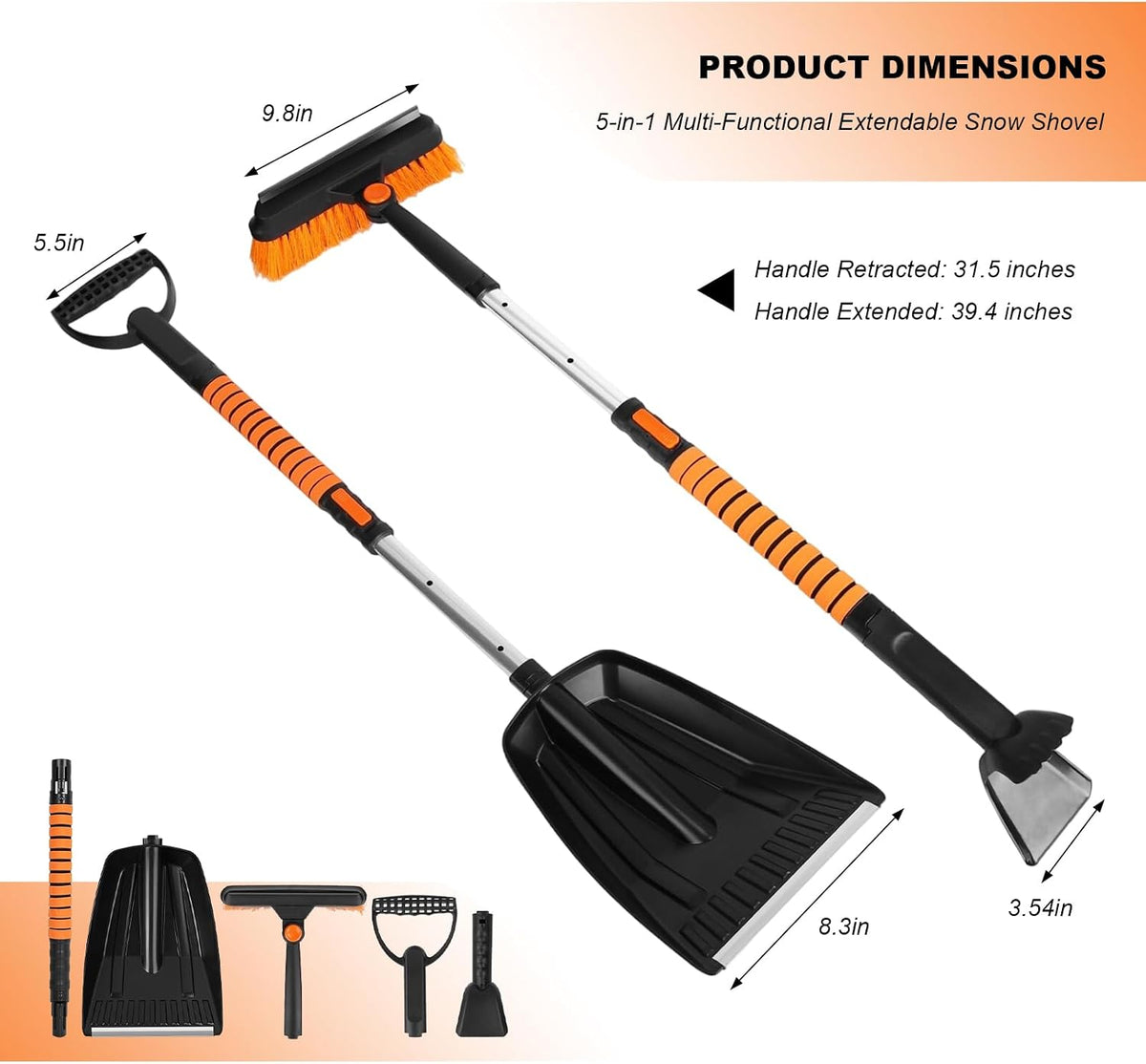 Ice Scraper and Snow Brush for Car, 5-in-1 Extendable Snow Removal Tool with Ergonomic Foam Grip, Detachable 180° Pivoting Brush Ice Shovel for Car Truck SUV Windshield