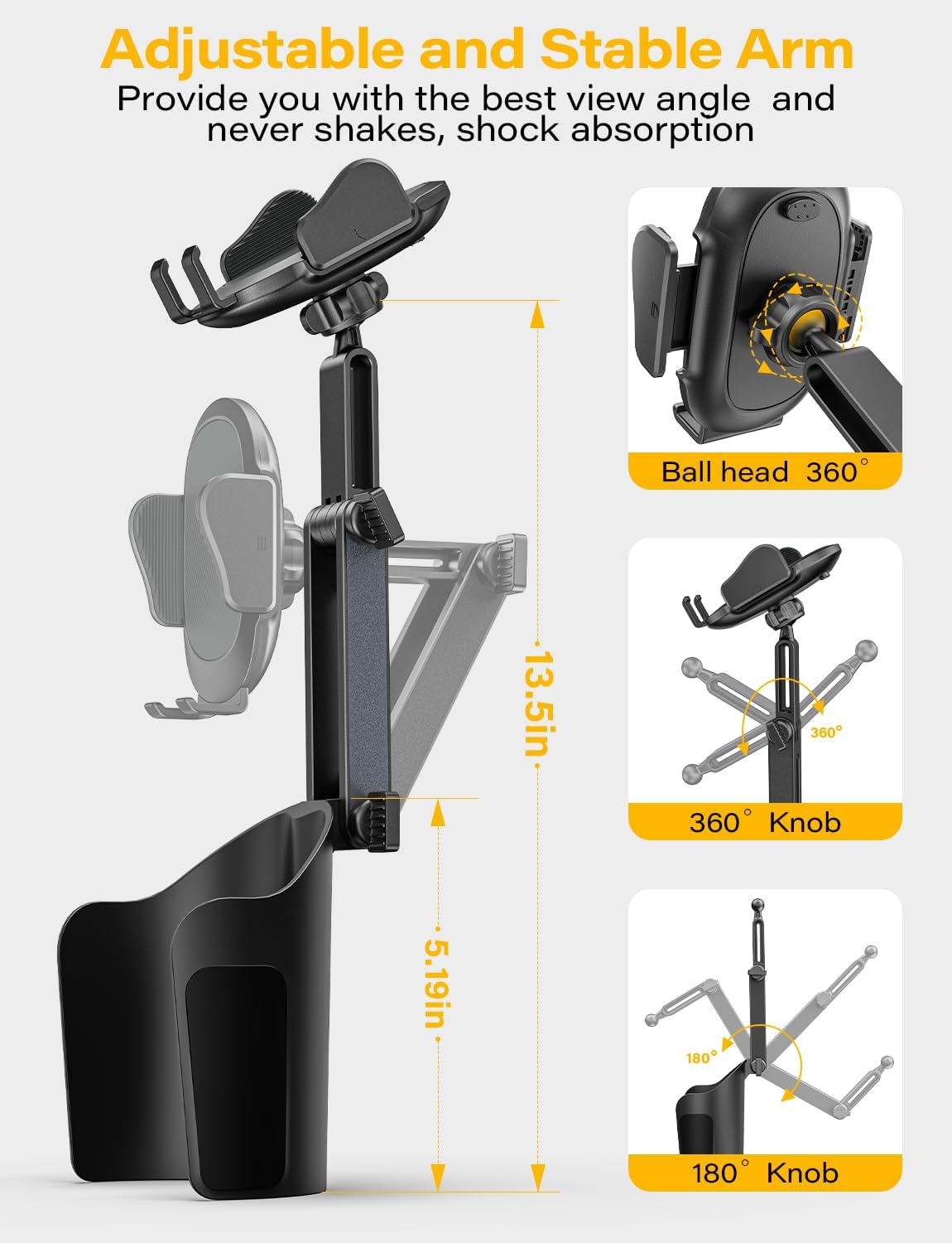 TAZENI 2-in-1 Cup Holder Phone Holder Mount for Car, Stable & Adjustable