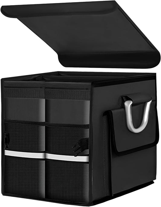 Trunk Organizer with Lid, 28L Collapsible Car Storage Organizer with Aluminum Handles & Reflective Strip, Waterproof Oxford 2-Compartment Cargo Storage Box for Sedan SUV Truck (Black)