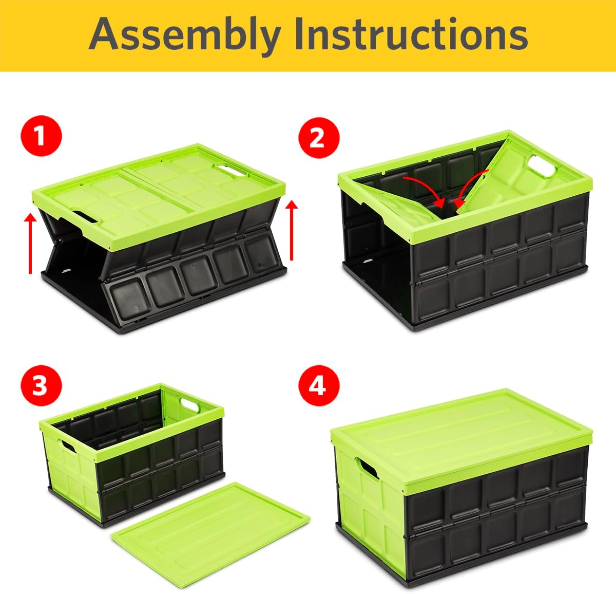 Glad Collapsible Storage Bin with Lid - 48L Foldable Plastic Box for Garage, Car Trunk, and Organization - Stackable Lidded Container with Handles, Green