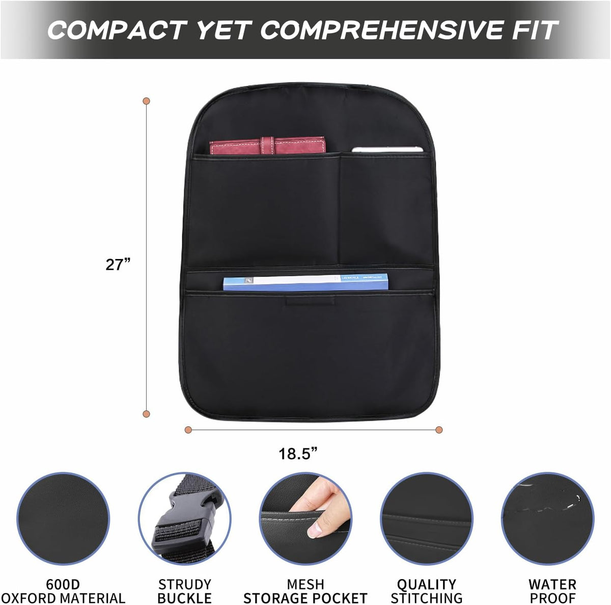Kick Mat Back Seat Protector， Waterproof Leather Car Seat Back Organizers Cover with 3 Storage Pockets for Kids Pets SUV Sedan Minivan Truck Car Travel Accessories (Black 2-pack)